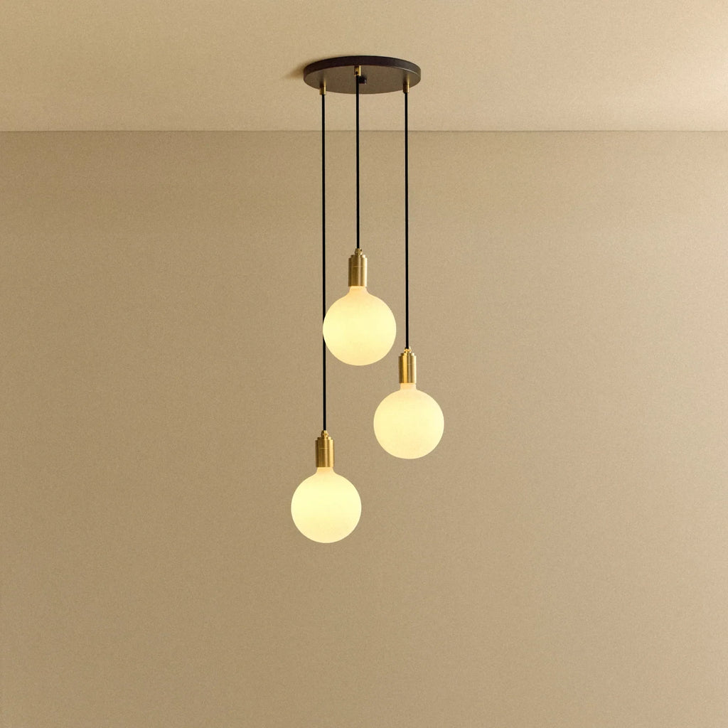 Triple opal sphere cluster pendant, with black canopy, lit