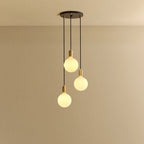 Triple opal sphere cluster pendant, with black canopy, lit