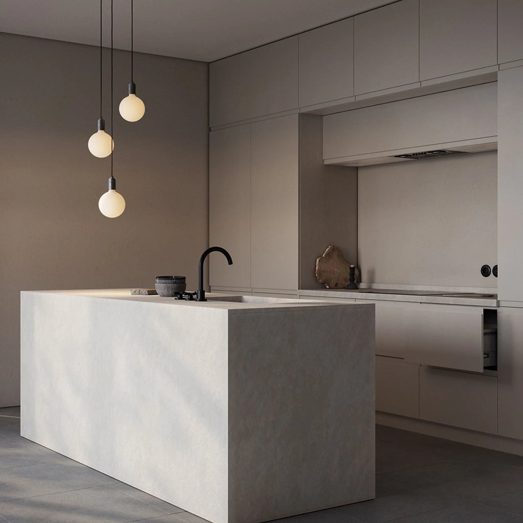 Triple Opal Sphere Cluster Pendant, above a kitchen island