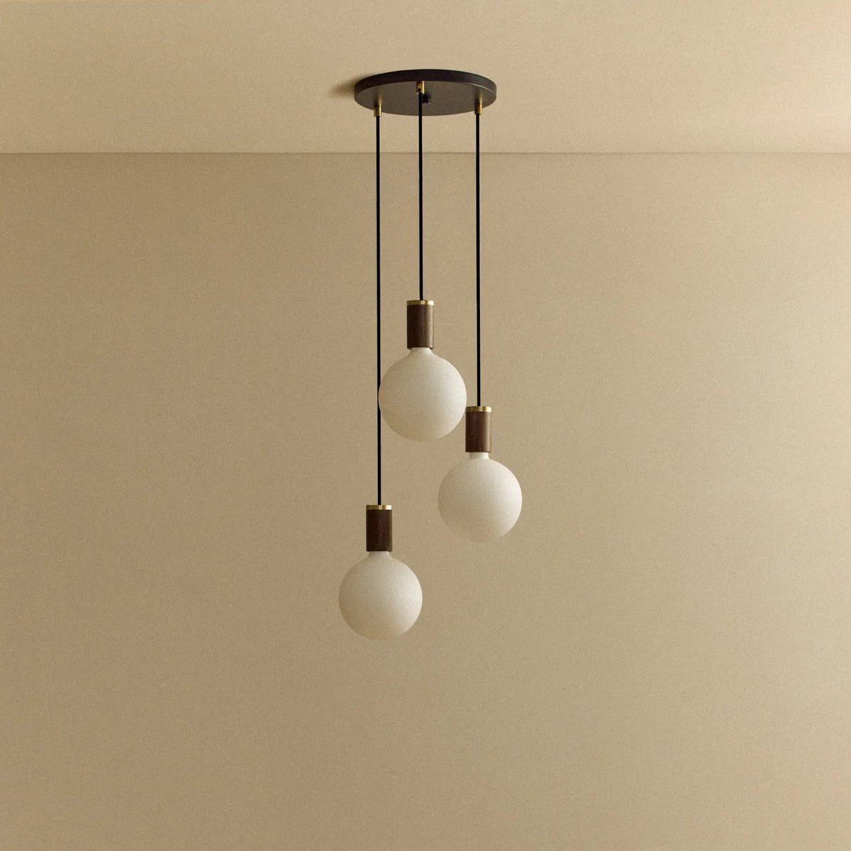 Triple Opal Sphere Cluster Pendant, in walnut, unlit