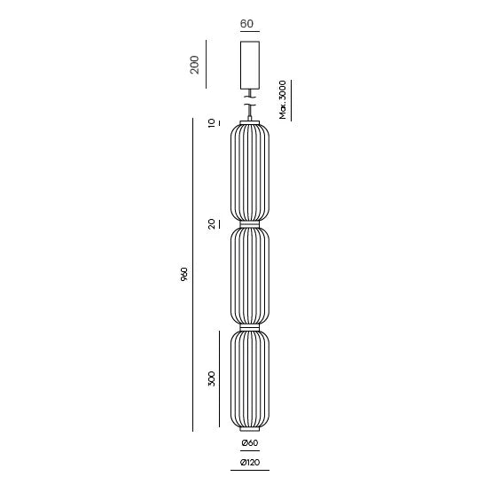 Triple ribbed capsule column LED pendant, dimension drawing