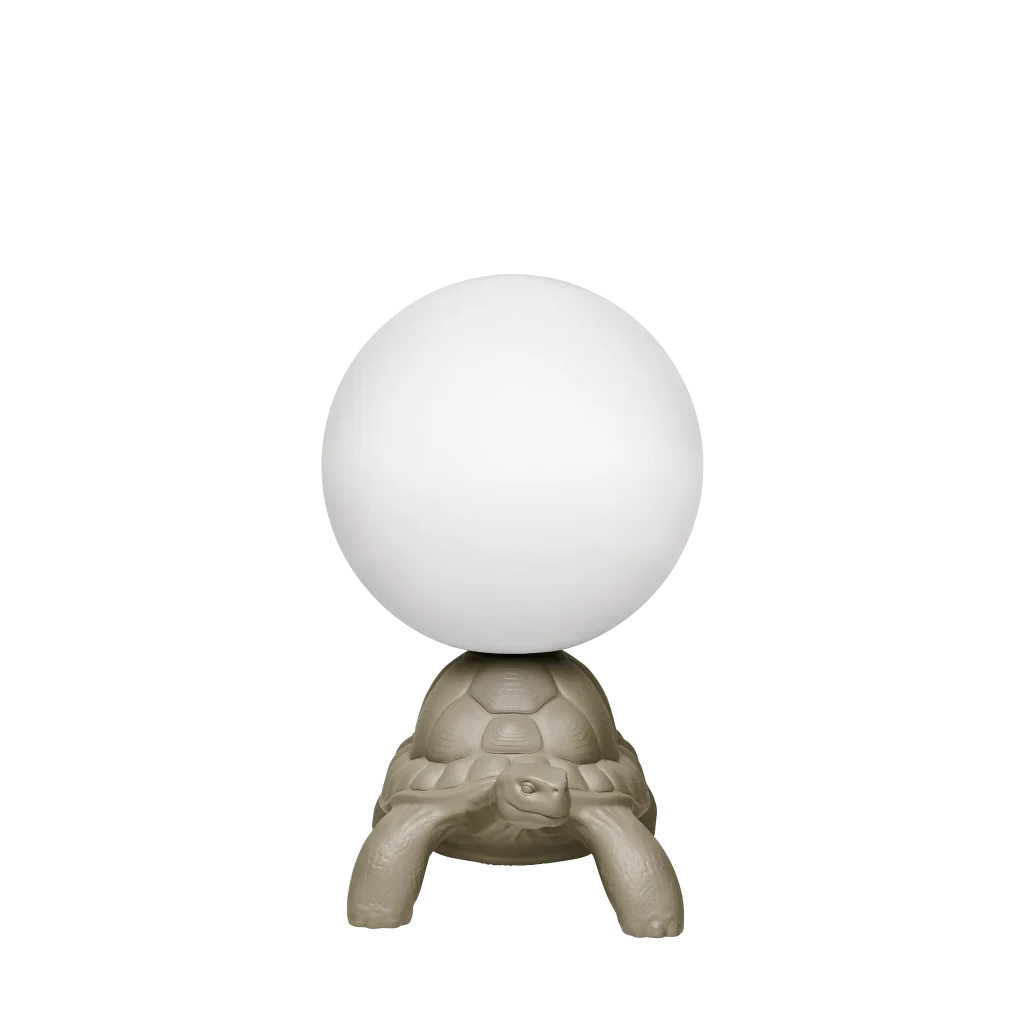 Turtle floor lamp with a glowing globe, in dove grey