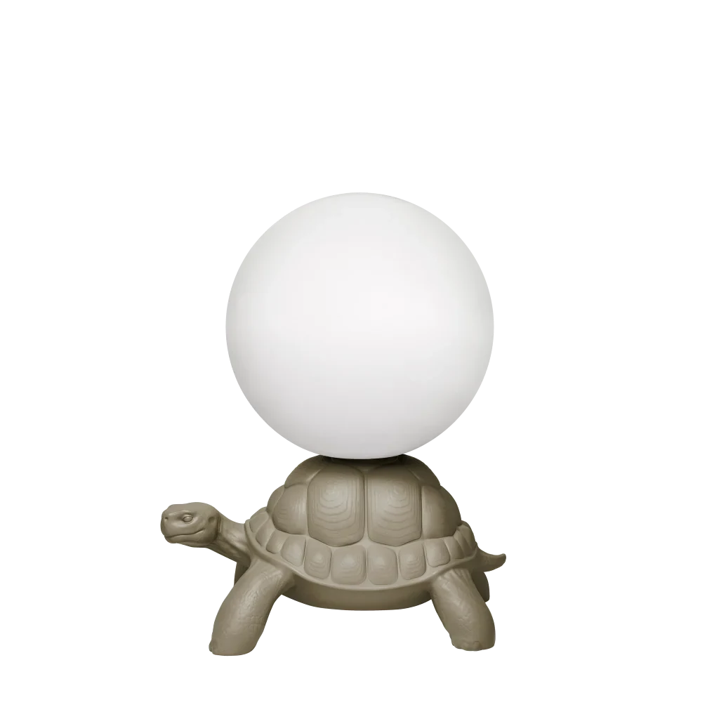 Turtle floor lamp with a glowing globe, in dove grey