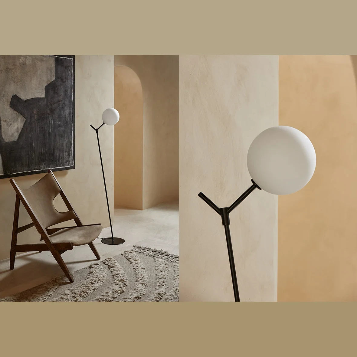 Twig branch floor lamp with opal glass globe, in a room beside a wooden chair