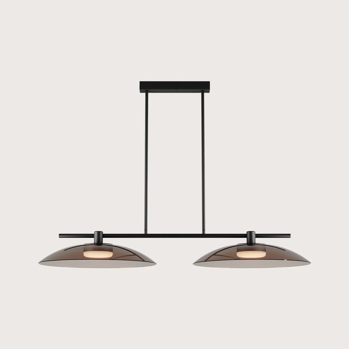 Twin glass disc linear LED pendant, with grey glass on a plain background