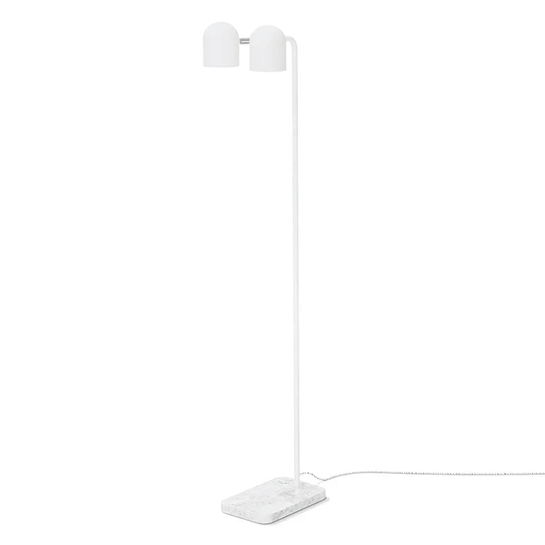 Twin-head adjustable floor lamp with a marble base, in white, full lamp