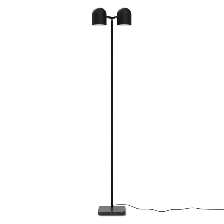 Twin-head adjustable floor lamp with a marble base, in black, full lamp