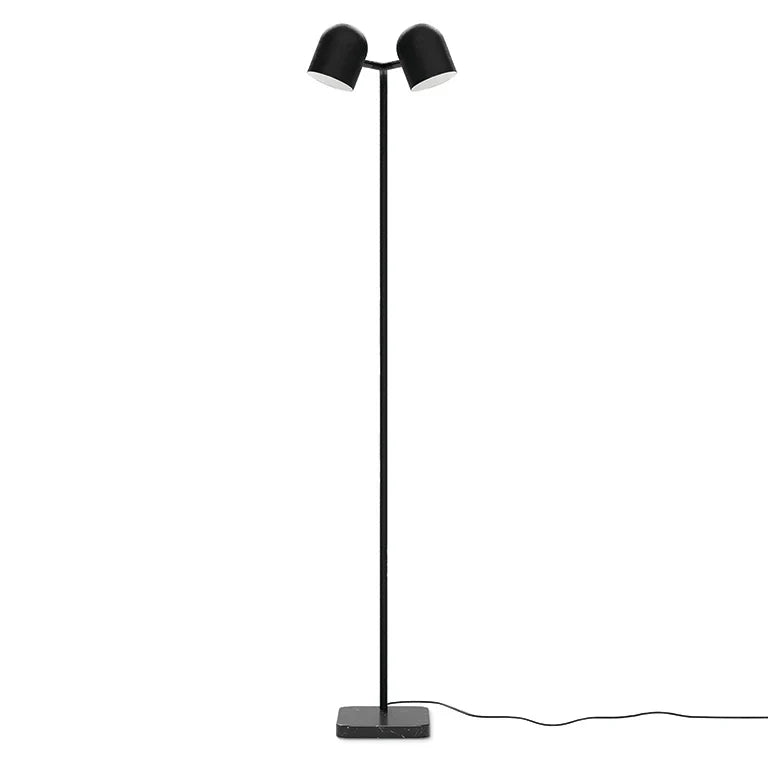 Twin-head adjustable floor lamp with a marble base, in black, full lamp
