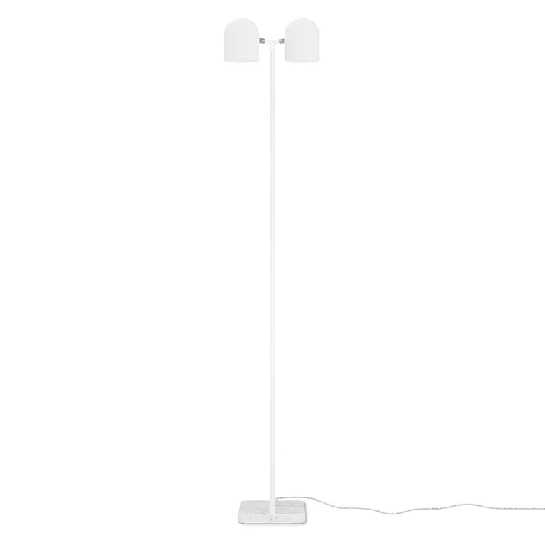 Twin-head adjustable floor lamp with a marble base, in white, full lamp
