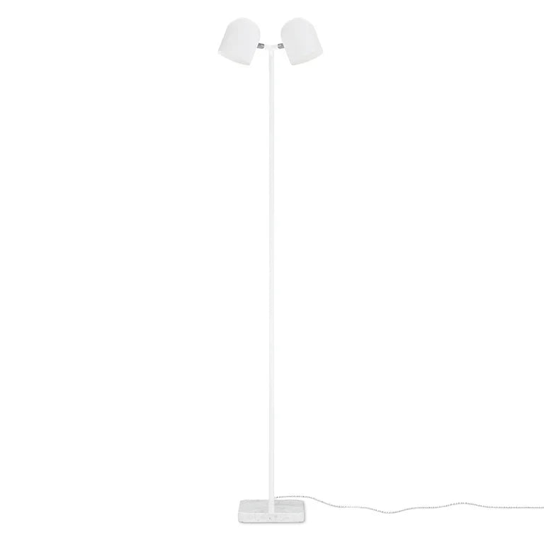 Twin-head adjustable floor lamp with a marble base, in white, full lamp