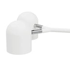 Twin-head adjustable floor lamp with a marble base, close-up of the two adjustable heads in white