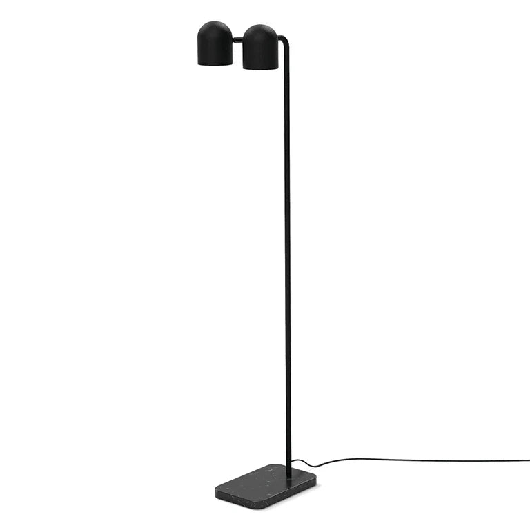 Twin-head adjustable floor lamp with a marble base, in black, full lamp