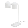 Twin-head adjustable table lamp, in matte white with white marble base, seen from the side