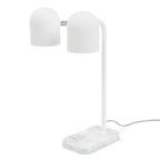 Twin-head adjustable table lamp, in matte white with white marble base, seen from the side