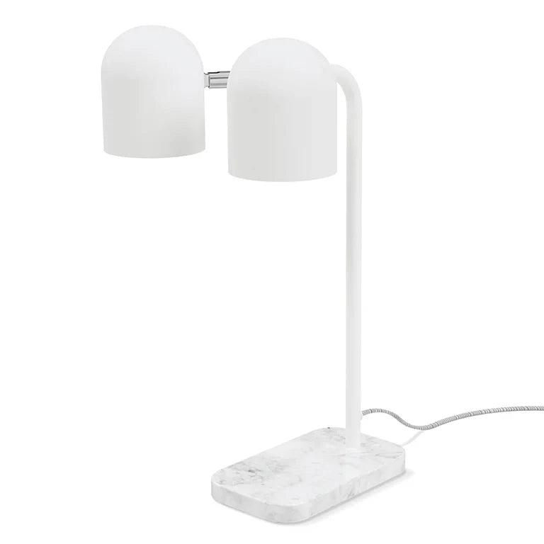 Twin-head adjustable table lamp, in matte white with white marble base, seen from the side