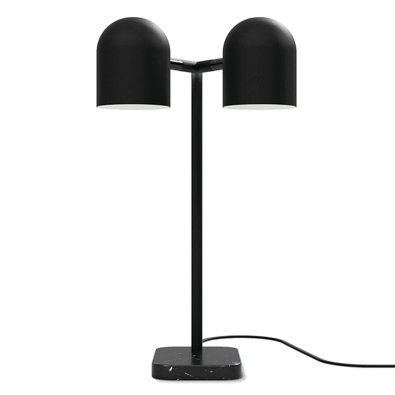 Twin-head adjustable table lamp, in black, from the front