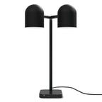 Twin-head adjustable table lamp, in black, from the front