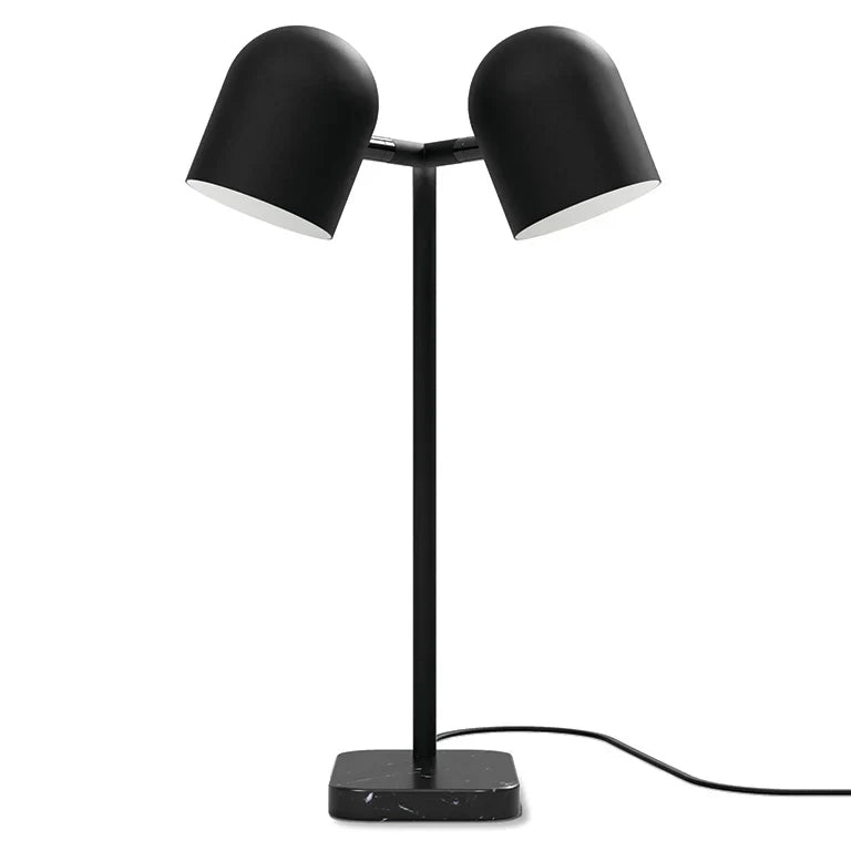 Twin-head adjustable table lamp, in black, with both heads tilted