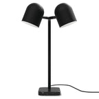Twin-head adjustable table lamp, in black, with both heads tilted