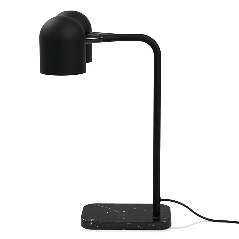 Twin-head adjustable table lamp, in black, side view