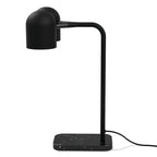 Twin-head adjustable table lamp, in black, side view
