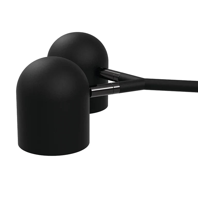 Twin-head adjustable table lamp, close-up of the two black heads