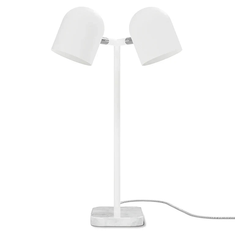 Twin-head adjustable table lamp, in matte white, with both heads tilted