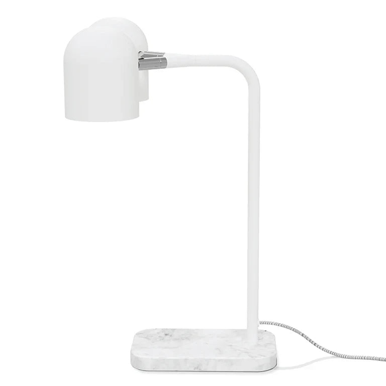 Twin-head adjustable table lamp, in matte white, side view