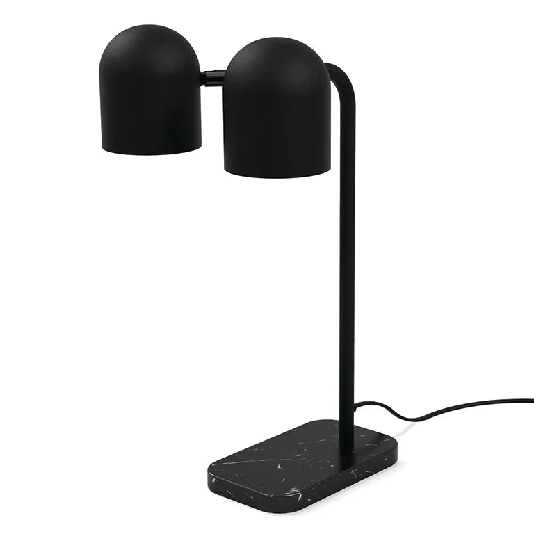 Twin-head adjustable table lamp, in black with black marble base, seen from the side