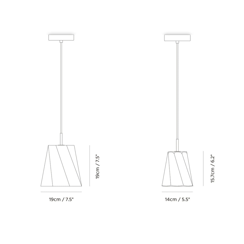 Twisted concrete pendant, dimension drawing of both sizes