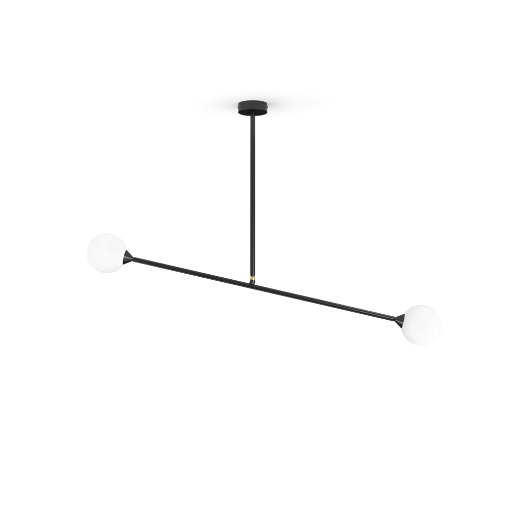 Two-globe pendant with horizontal arm, in black