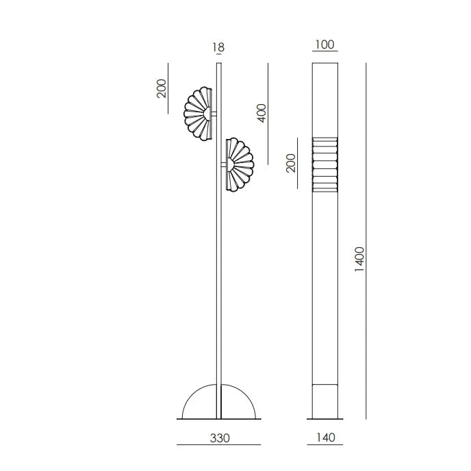Aged gold column floor lamp with two scalloped opal shades, dimension drawing