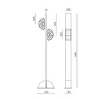 Aged gold column floor lamp with two scalloped opal shades, dimension drawing