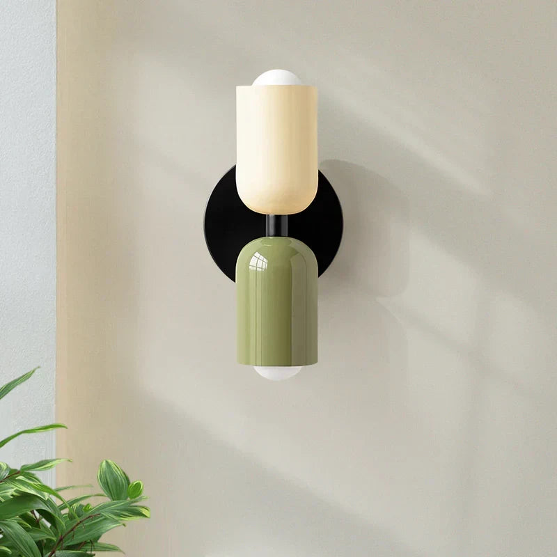 Two-tone up and down wall light, in beige and green, lit