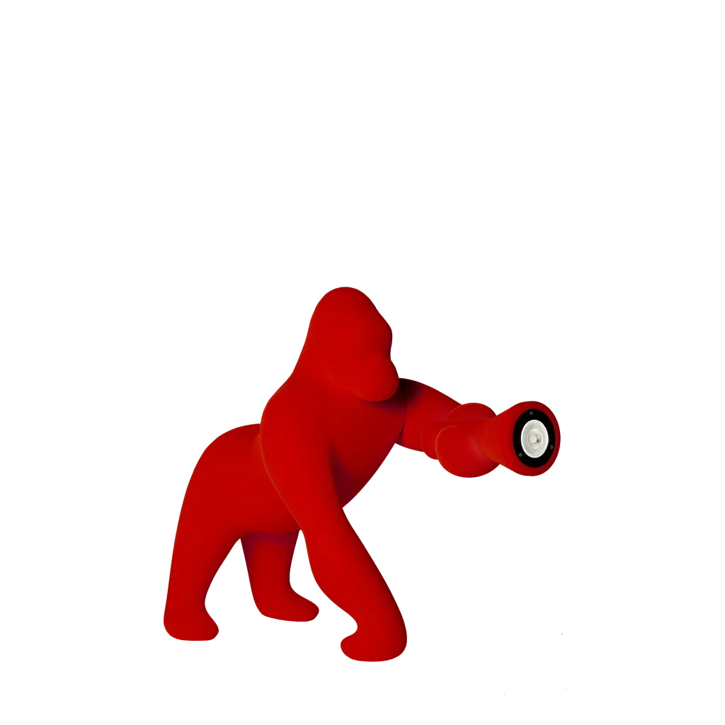 Velvet gorilla table lamp with adjustable arm, in Red, side view facing the torch