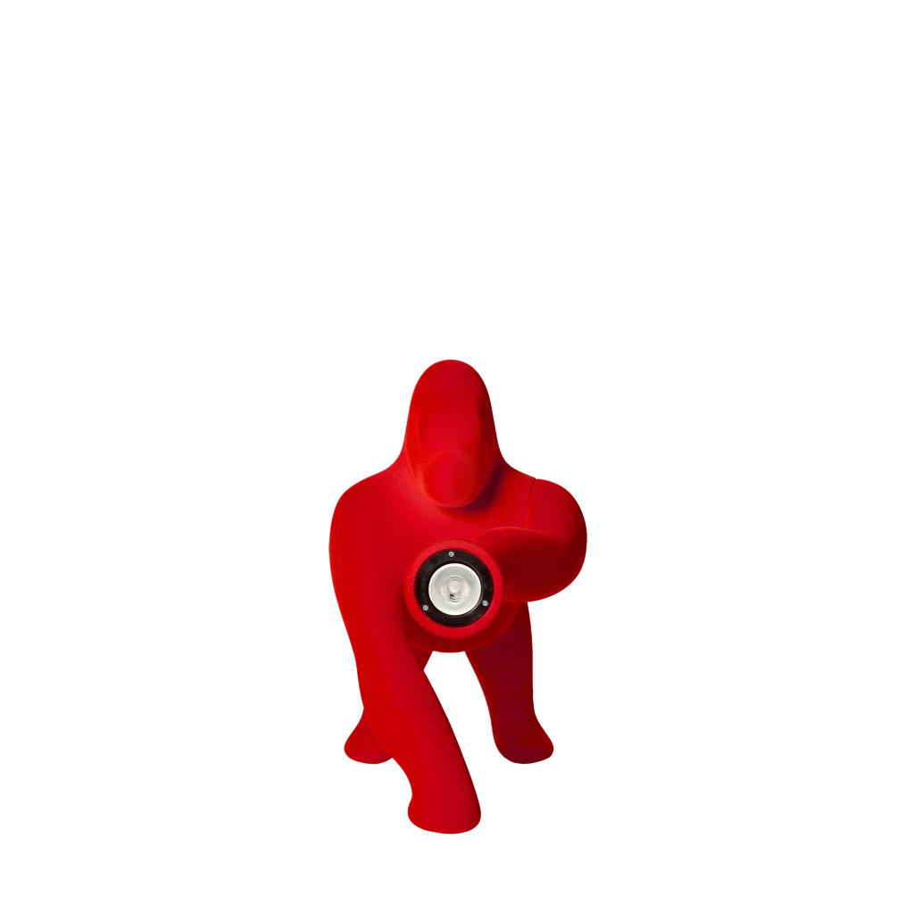 Velvet gorilla table lamp with adjustable arm, in Red, front view