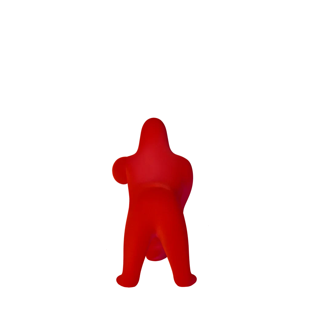 Velvet gorilla table lamp with adjustable arm, in Red, from behind