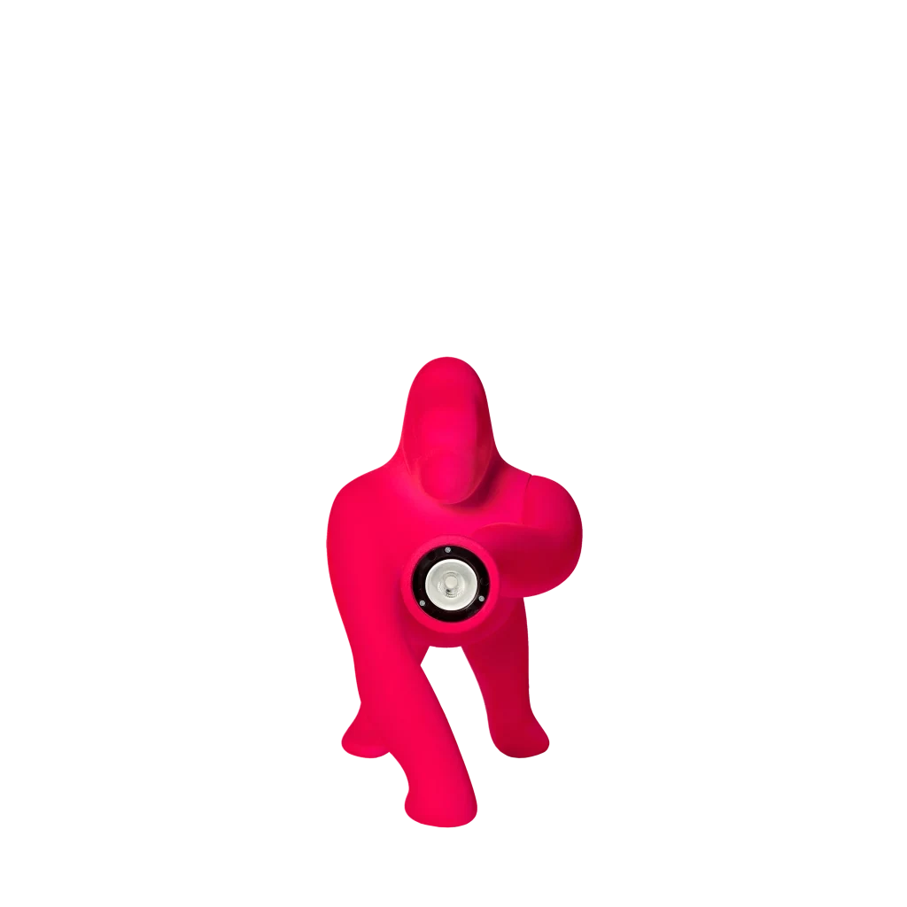 Velvet gorilla table lamp with adjustable arm, in Fuchsia, front view