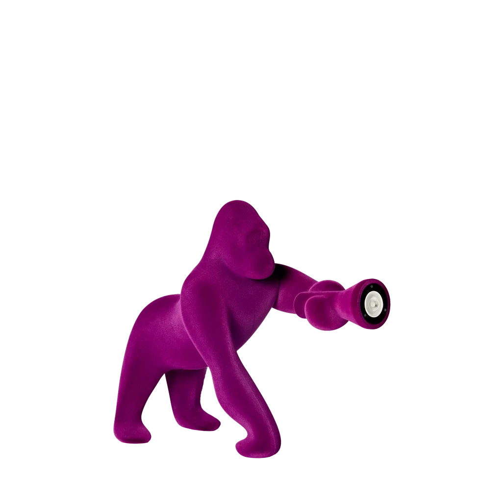 Velvet gorilla table lamp with adjustable arm, in Violet, side view facing the torch