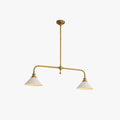 Two-light gold bar pendant with white cone shades, on a white background