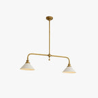 Two-light gold bar pendant with white cone shades, on a white background