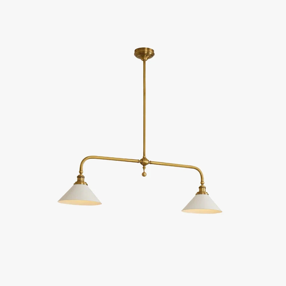 Two-light gold bar pendant with white cone shades, on a white background