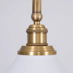 Two-light gold bar pendant with white cone shades, close-up of the fitting