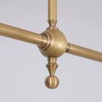 Two-light gold bar pendant with white cone shades, close-up of the joint