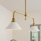 Two-light gold bar pendant with white cone shades, in a room
