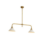 Two-light gold bar pendant with white cone shades, on a white background