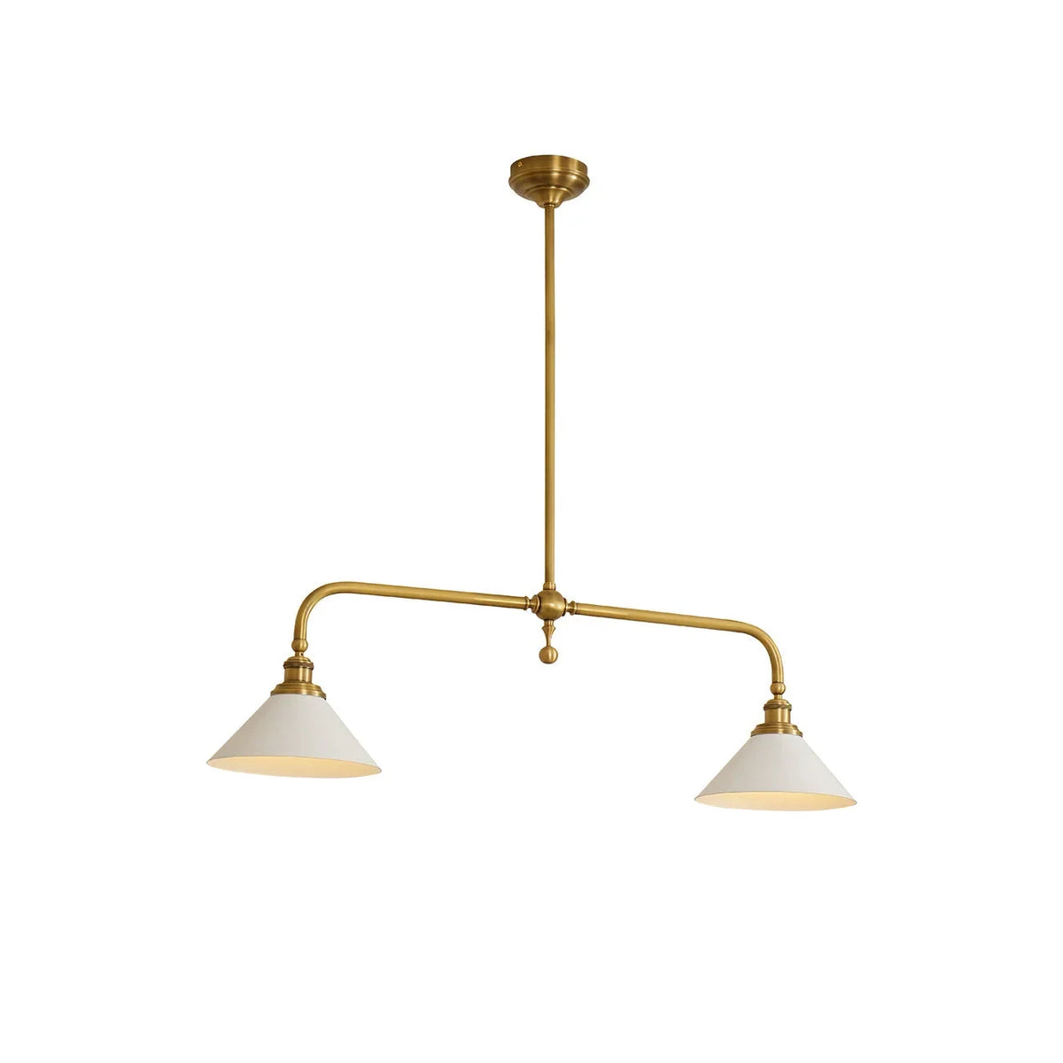 Two-light gold bar pendant with white cone shades, on a white background