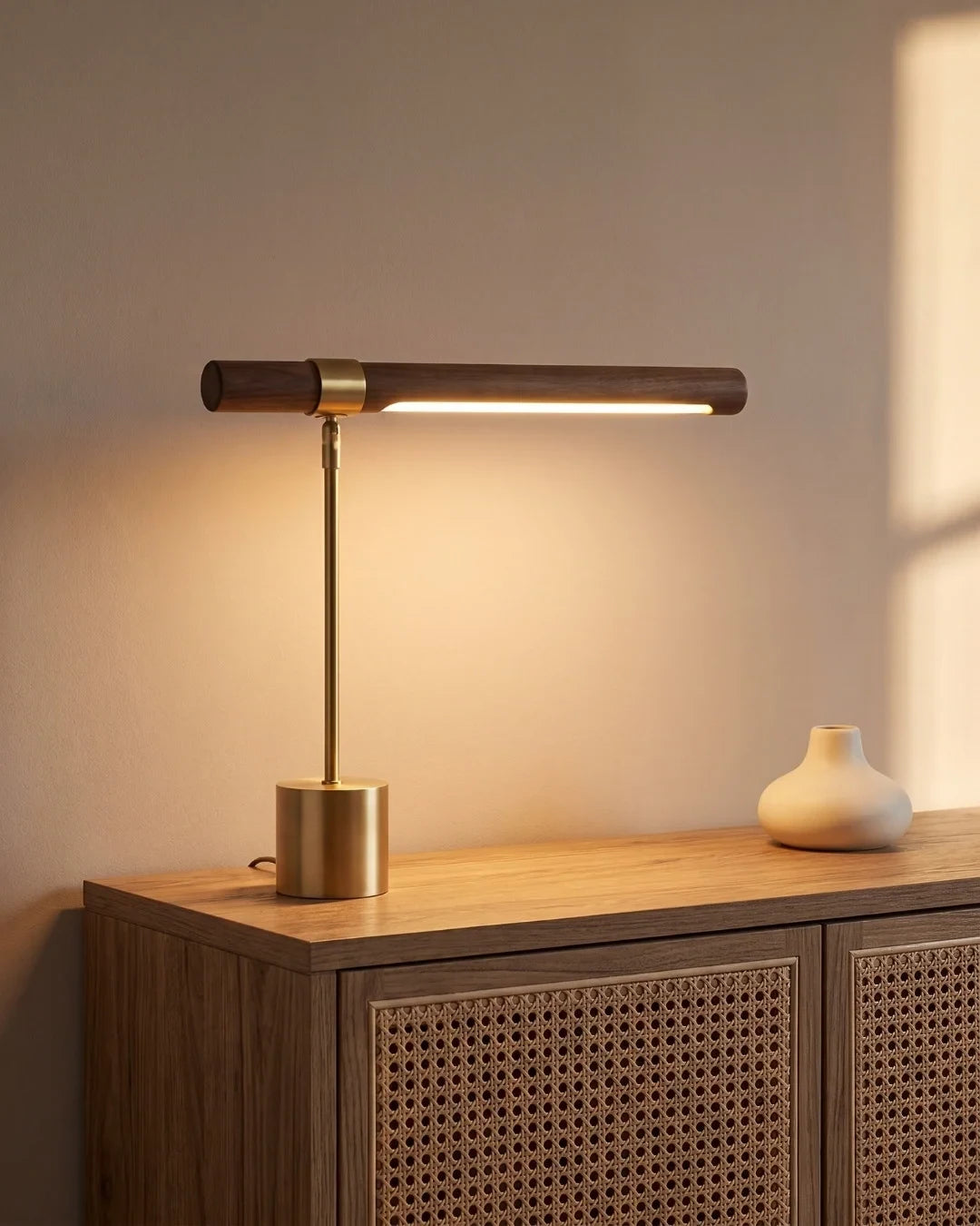 Walnut and brushed gold linear desk lamp, lit on a rattan sideboard