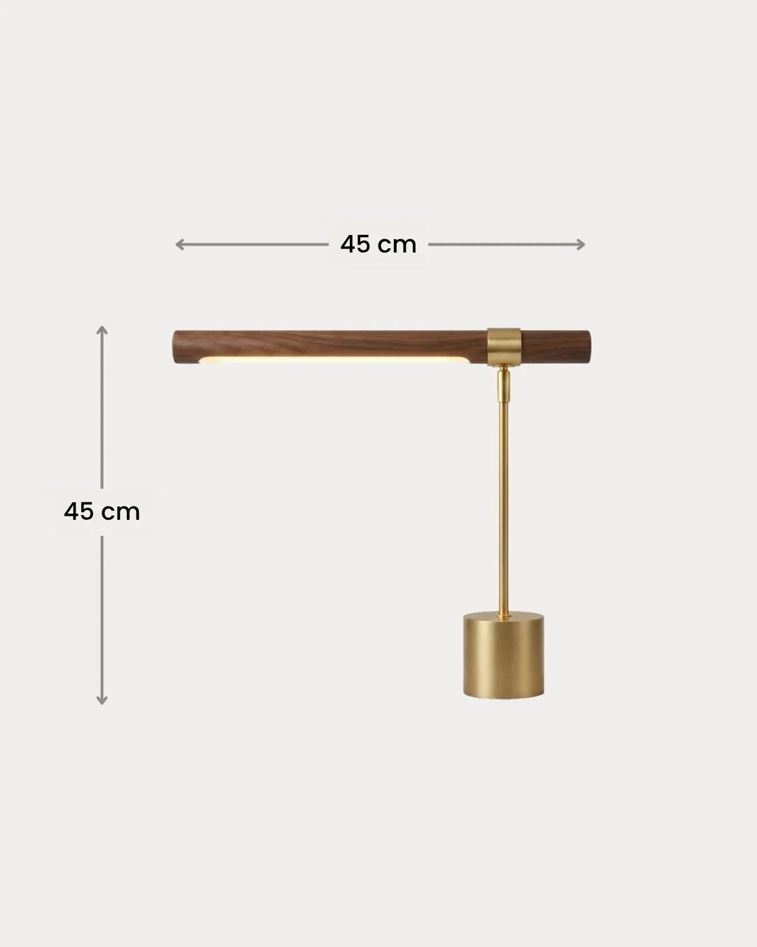 Walnut and brushed gold linear desk lamp, with measurements