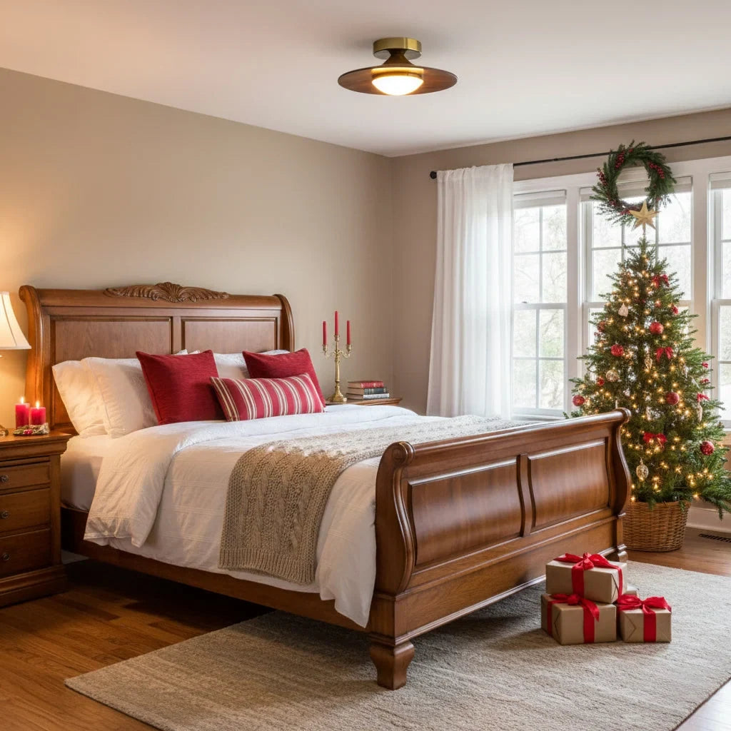Low profile walnut and gold flush ceiling light, lit in a bedroom with a Christmas tree